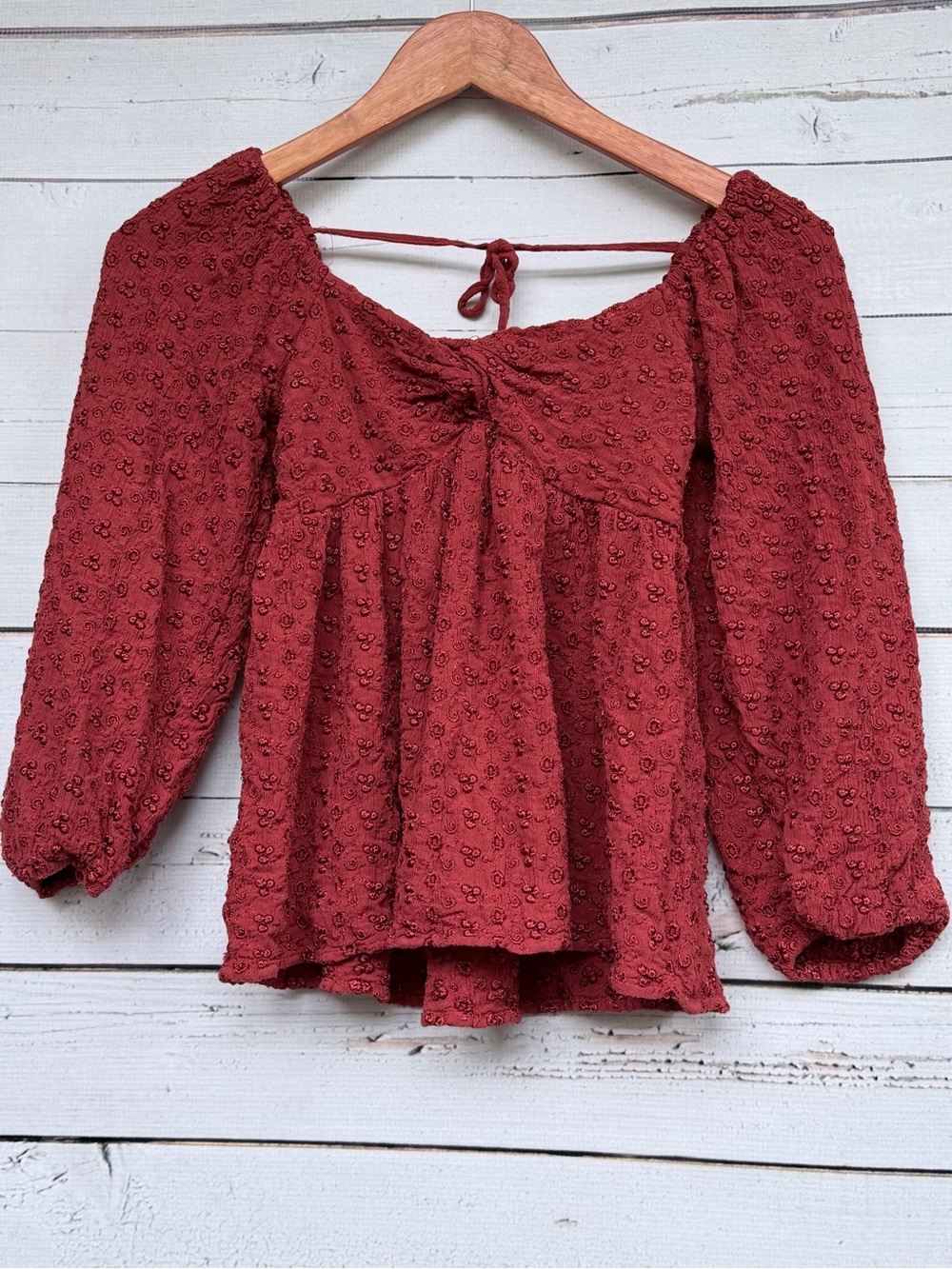 American Eagle Rust Textured Clip Dot Twist-Front Long Sleeve Blouse - Size XS - Picture 3 of 8
